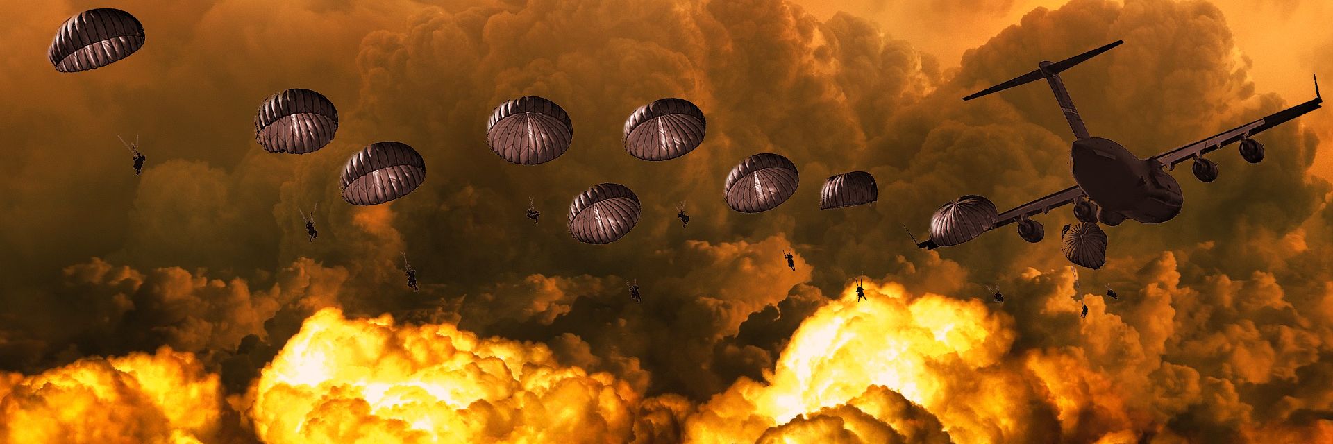 Wojskowi spadochroniarze nad terenem eksplozji - kolaż