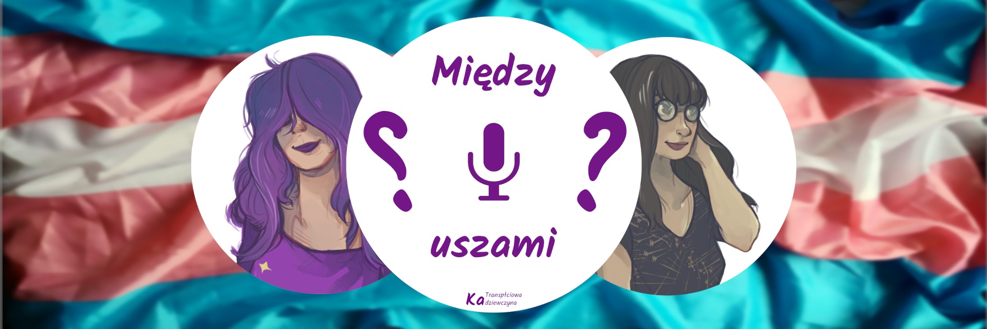 Podcast Między Uszami, sezon 2, od lewej 3 koła: rysunek Ka, logo podcastu, rysunek Magdy.