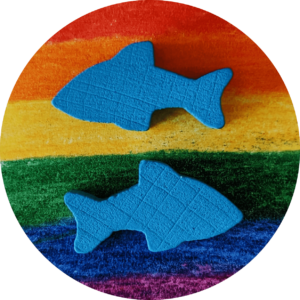 Querszówki — logo tęczowych queerowych planszówek, dwie rybki nawiązujące do herbu Gdyni na tęczowym tle