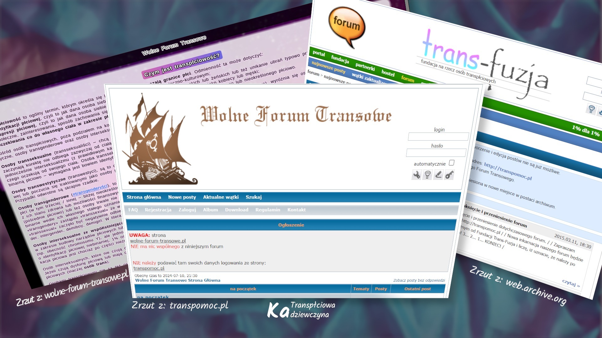 Trzy zrzuty ekranów, na środku Wolne Forum Transowe (transpomoc.pl), z prawej archiwalna strona Fundacji Trans-fuzja (działało tam forum), z lewej strona czerpiąca z popularności WFT o adresie wolne-forum-transowe.pl.